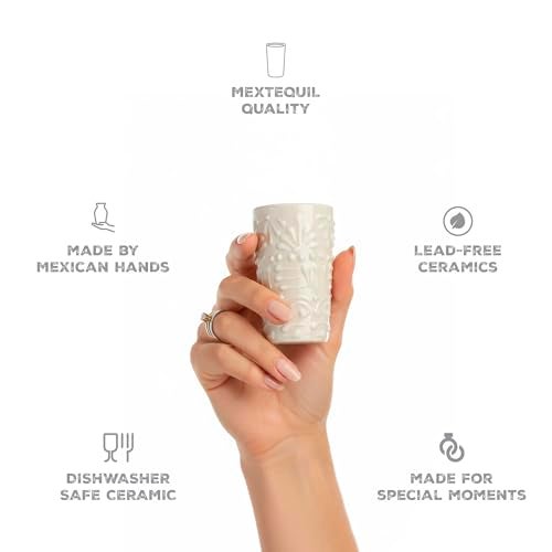 MEXTEQUIL - Talavera Shot Glasses Set of 4 Authentic Mexican Tequila Shot Glasses - Hand-painted - 2 Oz (White Lace) - Image 2