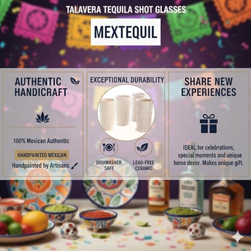 MEXTEQUIL - Talavera Shot Glasses Set of 4 Authentic Mexican Tequila Shot Glasses - Hand-painted - 2 Oz (White Lace) - Image 5