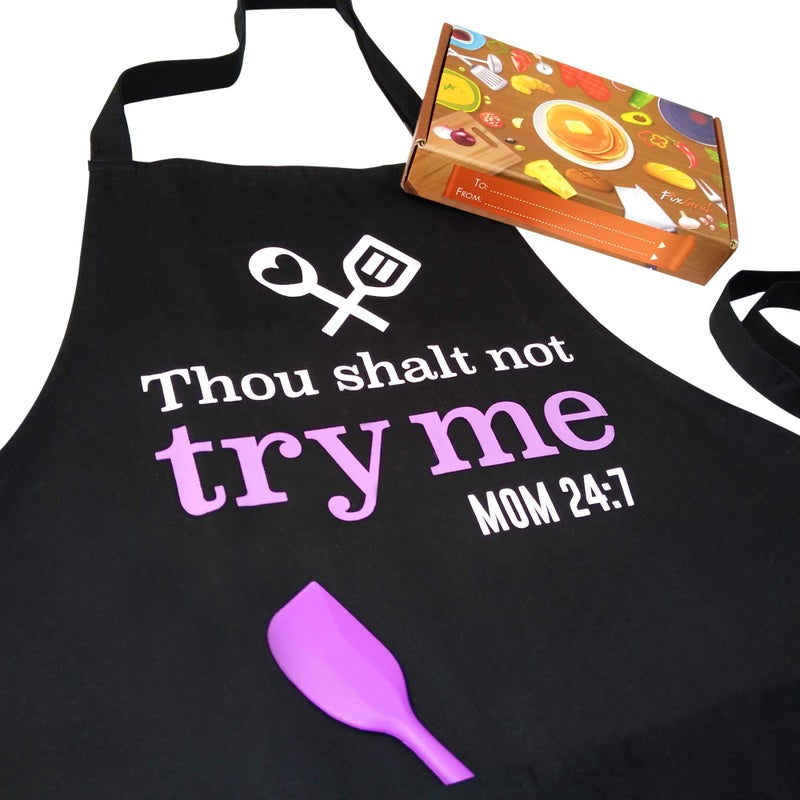 FixGrub Cooking Apron for Mom with Spatula and Gift Box Funny Kitchen Apron with 3 Pockets Mom Gift Cute Apron Mothers Day Gift Thou Shalt Not Try Me