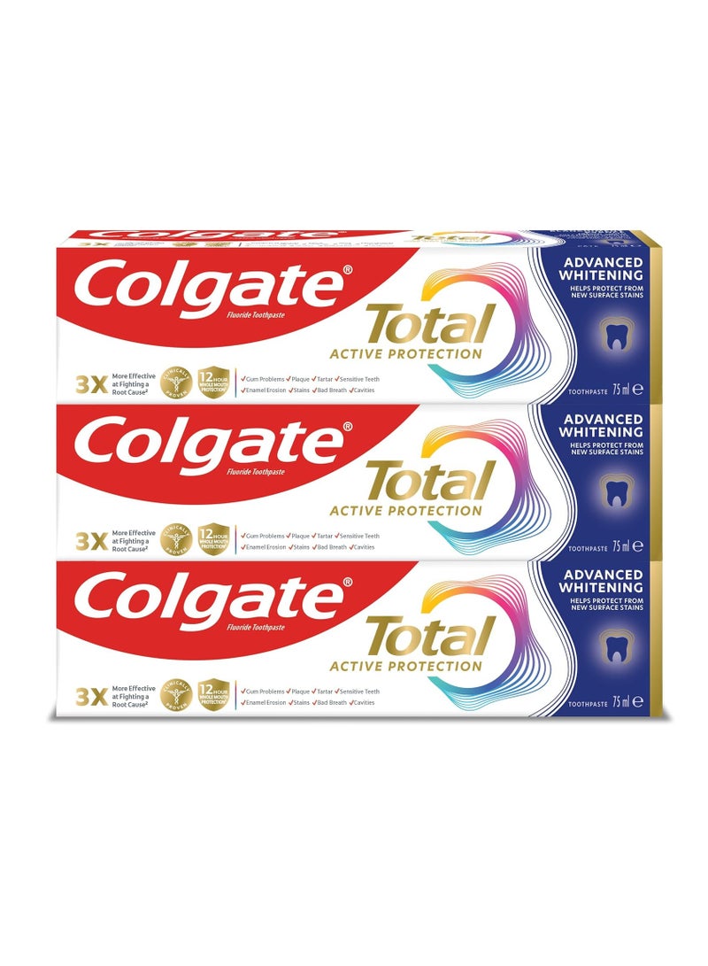 Colgate Total Active Prevention, toothpaste, Advanced Whitening, Helps prevent new surface stains, 3x75ml