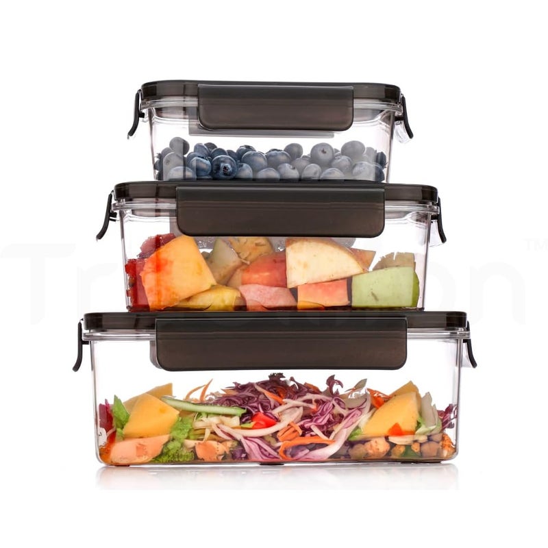 TRUBILLION LockNSeal Set of 3 Airtight Food Storage Containers,1600ml/900ml/400ml,4 Side Locking Lids,BPA-Free,Transparent,Stackable,Freezer Safe,for Kitchen,Cafe,Restaurants (Black (Set of 3)) - Image 4