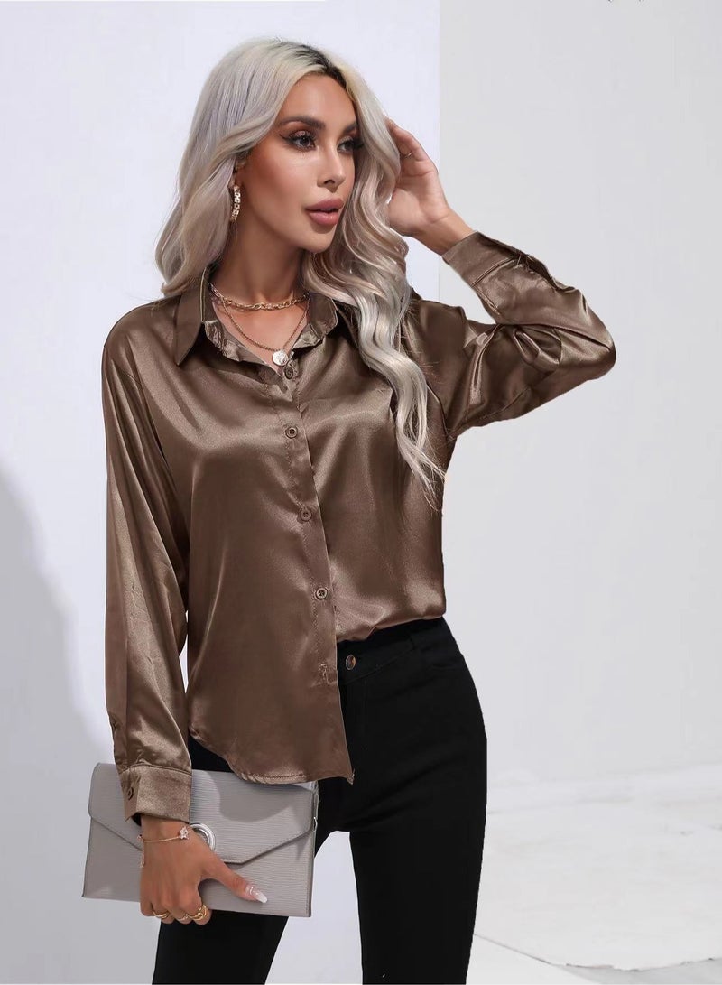 VUELO 2025 Explosion Sateen Shirt Women's Satin Silk Long Sleeve Solid Color Elegant Button Front Lapel Shirt