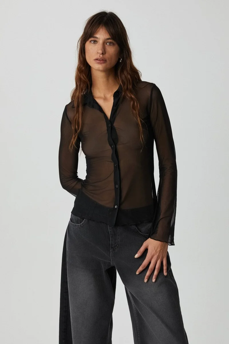 GRIMELANGE Caıtlın Women's Slim Fit Long Sleeve Black Shirt