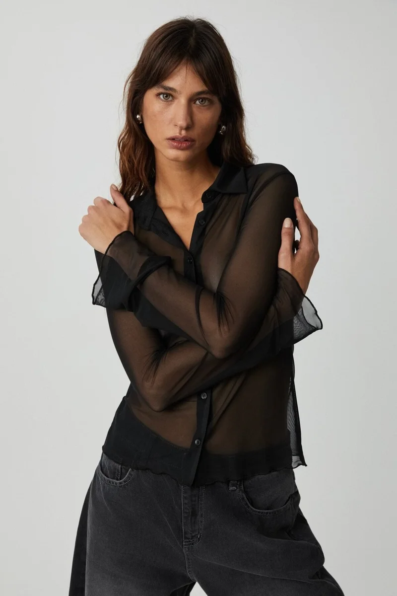 GRIMELANGE Caıtlın Women's Slim Fit Long Sleeve Black Shirt