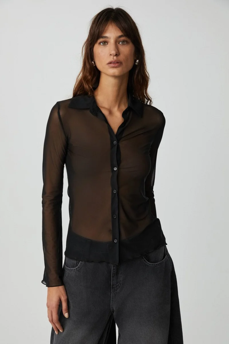 GRIMELANGE Caıtlın Women's Slim Fit Long Sleeve Black Shirt