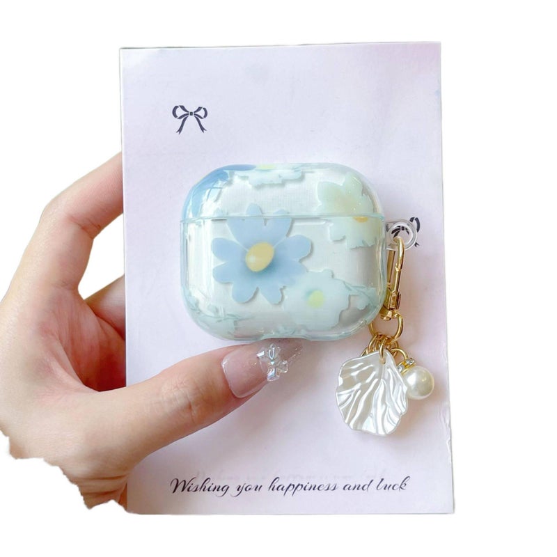 Plastic Protective Case Compatible with AirPods 4 / AirPods 3 with Hard Shell and Keychain in Blue with Scratch Protection and Lightweight Daily Carry - Lilac Ribbon - Image 1