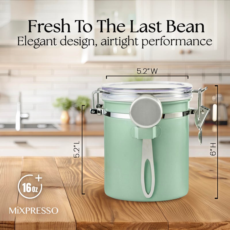 Mixpresso Green Coffee Canister, 16oz Airtight Stainless Steel Kitchen Food Storage Container with Clear Lid and Spoon. for Grounds Coffee, Beans, Tea, Flour, Cereal, Vacuum Sealed Sugar Container - Image 2