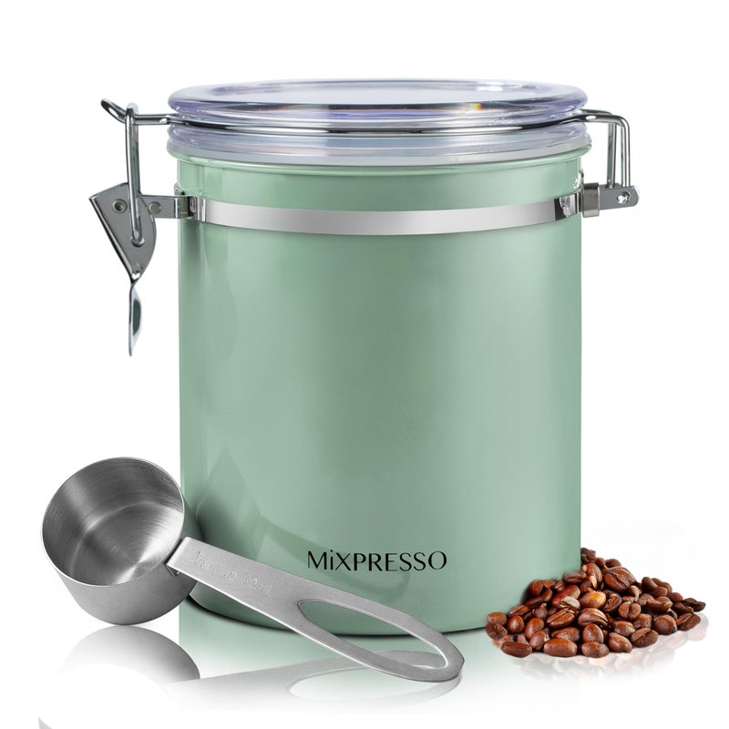 Mixpresso Green Coffee Canister, 16oz Airtight Stainless Steel Kitchen Food Storage Container with Clear Lid and Spoon. for Grounds Coffee, Beans, Tea, Flour, Cereal, Vacuum Sealed Sugar Container - Image 1