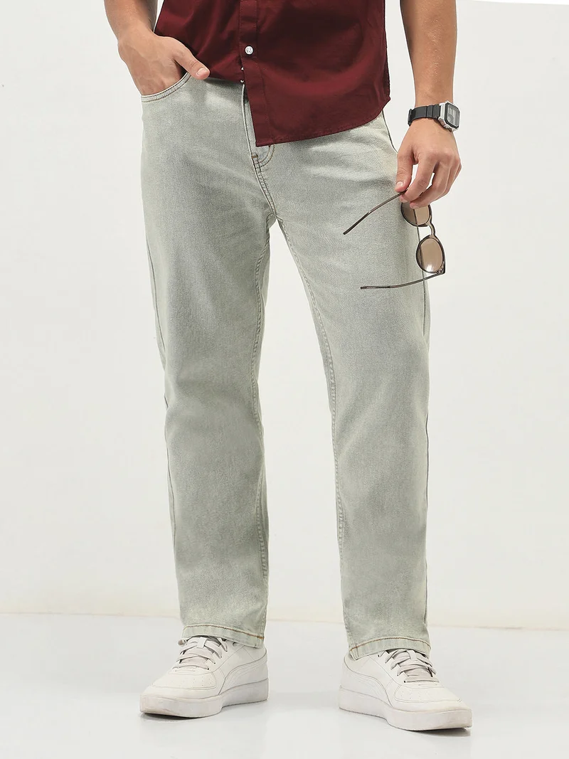 Urbano Fashion Men's Ice Grey Straight Fit Heavy Washed Jeans Stretchable