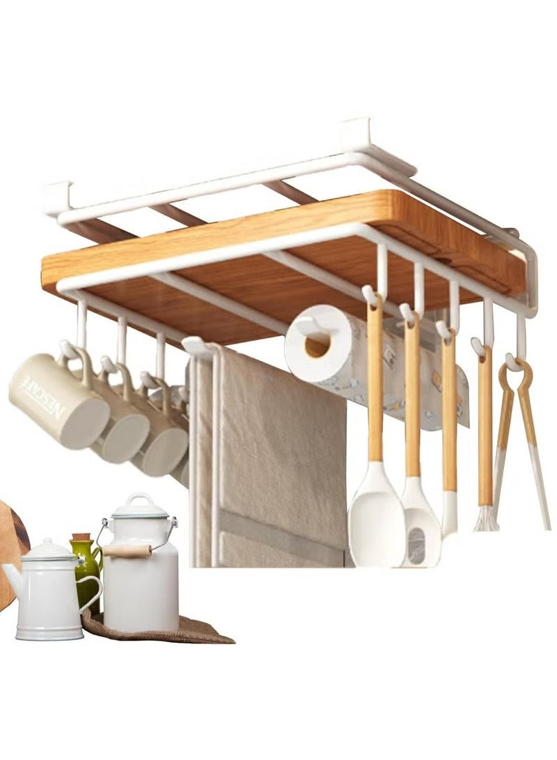 Arabest Mug Hooks Under Cabinet, Kitchen Paper Towels Holder, Cutting Board Holder Under Cabinet, Multifunctional Stainless Steel Under Cabinet Shelf, Rack for Bathrooms, Cutting Board, Towel, Mugs (White)  - Image 1