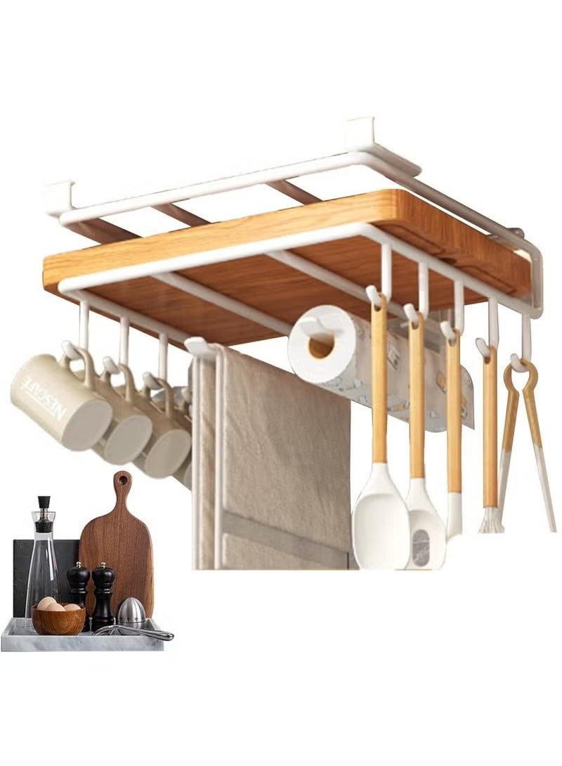 Arabest Mug Hooks Under Cabinet, Kitchen Paper Towels Holder, Cutting Board Holder Under Cabinet, Multifunctional Stainless Steel Under Cabinet Shelf, Rack for Bathrooms, Cutting Board, Towel, Mugs (White)  - Image 4