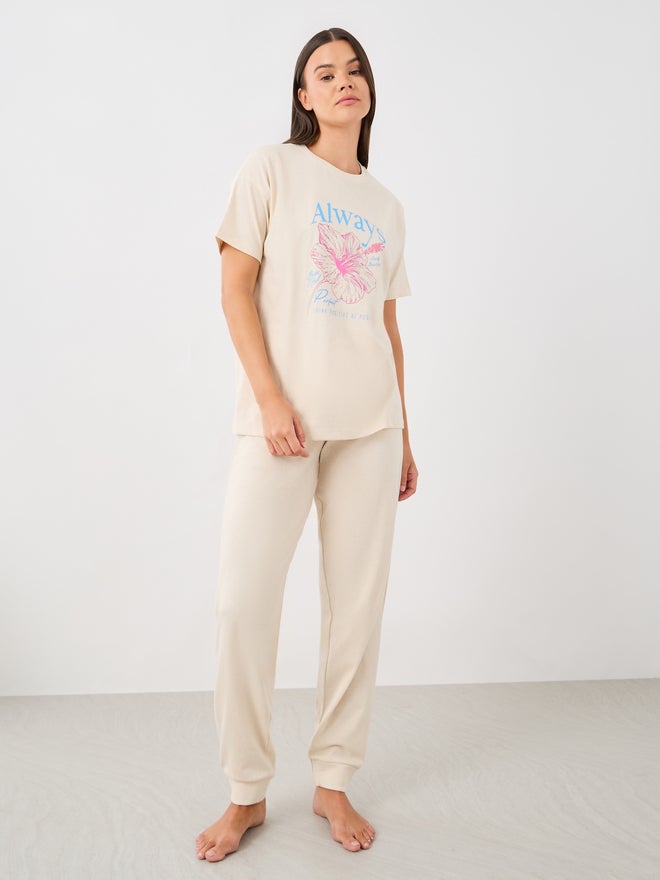 Styli Styli Unwind Graphic Print T-Shirt and Cuffed Pyjama Set  - Image 1
