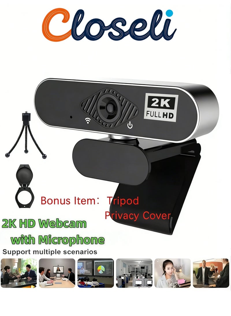 Closeli 2K Full HD Webcam, with AI Noise Reduction Mic, USB Plug & Play Web Camera, 30FPS Video Output, Auto Focus Lens, Auto Light Correction, Adjustable Field of View, for PC Laptop Desktop, Meetings, Video Calls and Streaming - Image 1