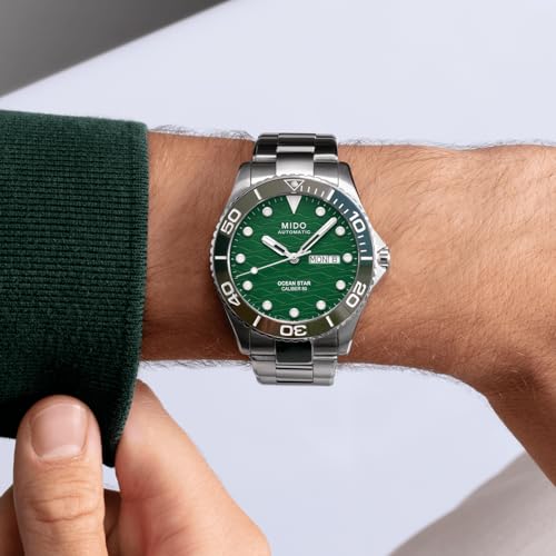 MIDO Ocean Star 200C - Swiss Automatic Diving Watch for Men - 42.5mm Stainless Steel Case - Rotating Ceramic Bezel - Green Wave-Design Dial with Day,Date Calendar - Stainless Steel Bracelet - M0424301109100 - Image 3