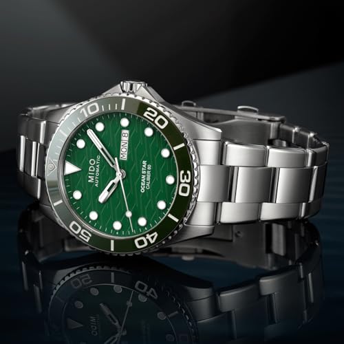MIDO Ocean Star 200C - Swiss Automatic Diving Watch for Men - 42.5mm Stainless Steel Case - Rotating Ceramic Bezel - Green Wave-Design Dial with Day,Date Calendar - Stainless Steel Bracelet - M0424301109100 - Image 5