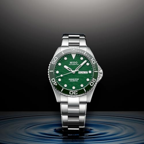 MIDO Ocean Star 200C - Swiss Automatic Diving Watch for Men - 42.5mm Stainless Steel Case - Rotating Ceramic Bezel - Green Wave-Design Dial with Day,Date Calendar - Stainless Steel Bracelet - M0424301109100 - Image 4
