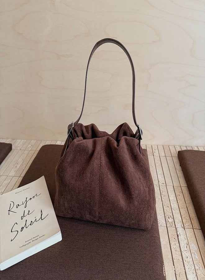 Zhoujazbb Women Suede Purse Tote Handbag Drawstring Bucket Cloud Bag Crossbody Shoulder Bag (Coffee Brown) - Image 3