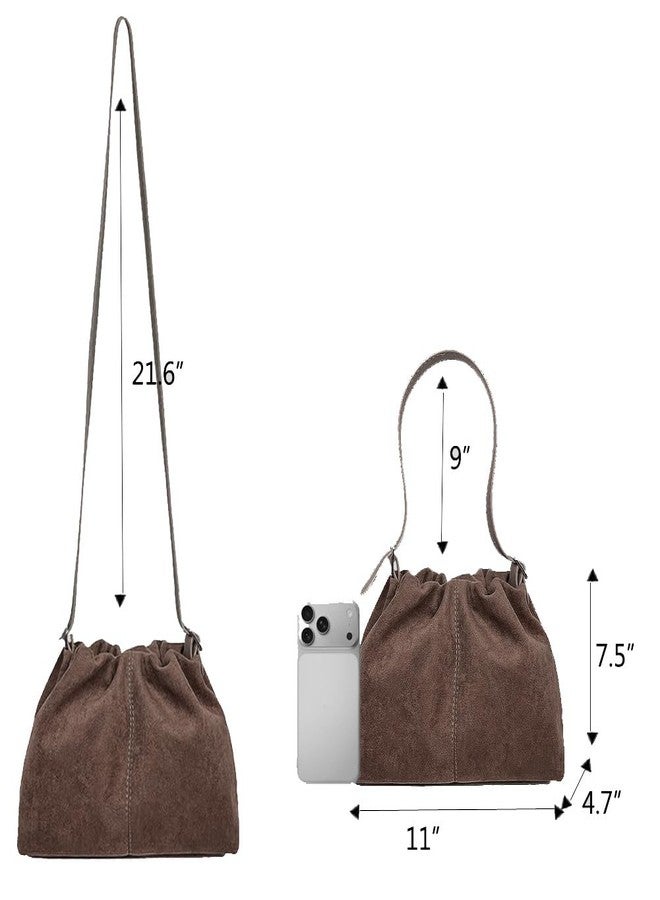 Zhoujazbb Women Suede Purse Tote Handbag Drawstring Bucket Cloud Bag Crossbody Shoulder Bag (Coffee Brown) - Image 4