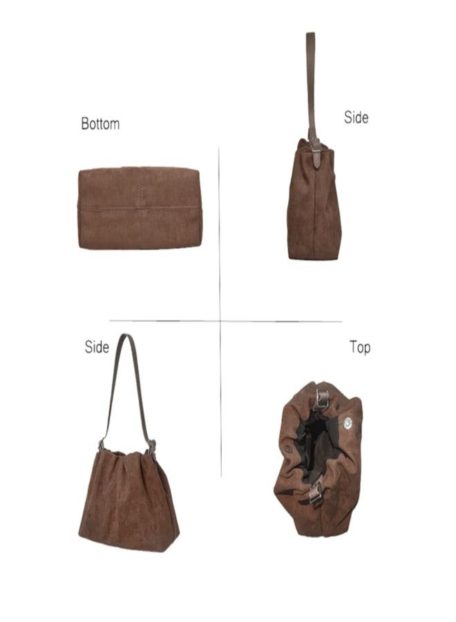 Zhoujazbb Women Suede Purse Tote Handbag Drawstring Bucket Cloud Bag Crossbody Shoulder Bag (Coffee Brown) - Image 5