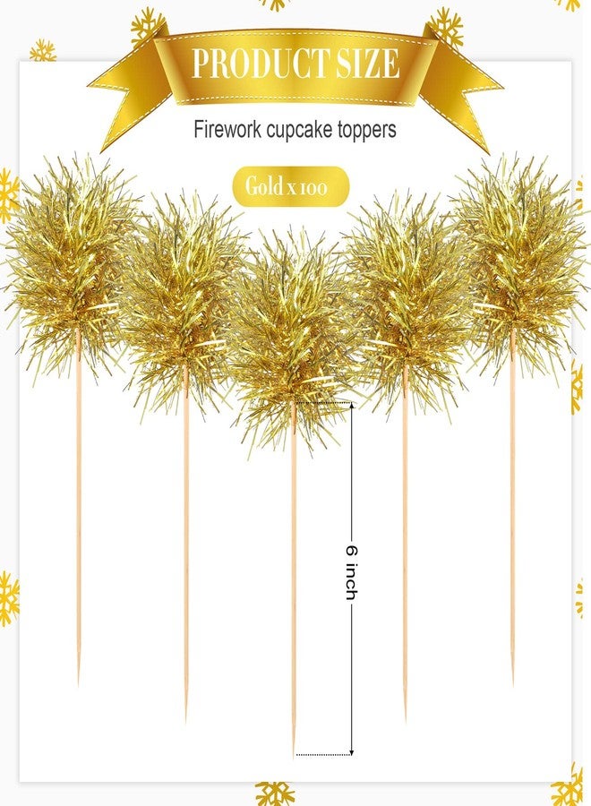 Chinco 100 Pcs Foil Firework Cupcake Toppers Gold Sparkle Tinsel Cake Toppers New Years Cake Decoration Cocktail Fruit Toothpick for Birthday Wedding Graduation Party - Image 2