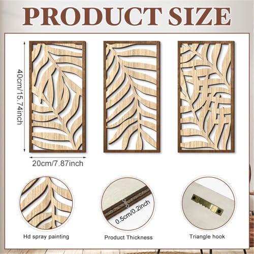 Jocaluyia 3 Pcs Tropical Leaf Wood Wall Art Decor Wooden Minimalist Wall Hanging Decor 3D Hollow Carved Craft Art Set Boho Abstract Wall Sculptures Panels Decoration for Home Living Room Bedroom Kitchen C - Image 3