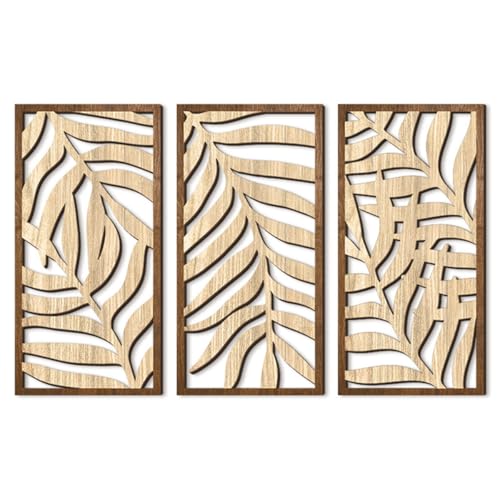 Jocaluyia 3 Pcs Tropical Leaf Wood Wall Art Decor Wooden Minimalist Wall Hanging Decor 3D Hollow Carved Craft Art Set Boho Abstract Wall Sculptures Panels Decoration for Home Living Room Bedroom Kitchen C - Image 1