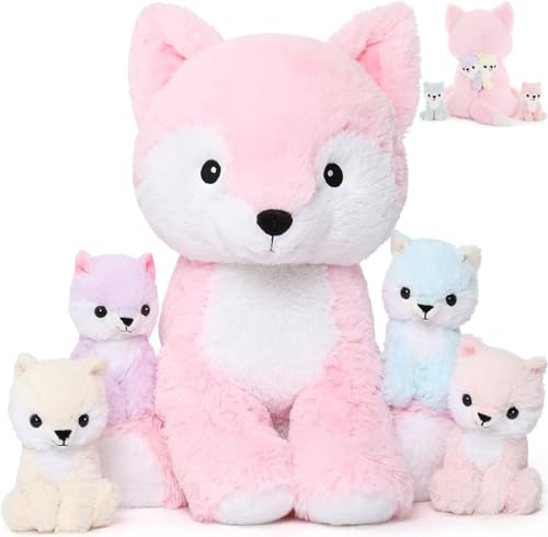 MorisMos Pink Fox Stuffed Animal Set Soft 19 Inch Mommy Stuffed Fox Plush Toys with Baby Inside Cute Fox Plushie Gift for Girls Women Kids Birthday Christmas - Image 1