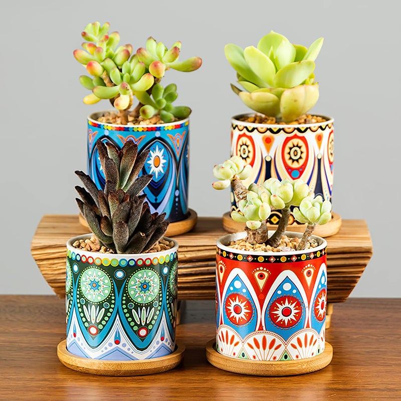 Kingrol 8 Pack Succulent Pots, Mini Ceramic Flower Planter Pot with Drainage Hole and Bamboo Tray for Cactus, Ferns, Herbs, Jade Plants - Mandala Style, Plants Not Included - Image 5