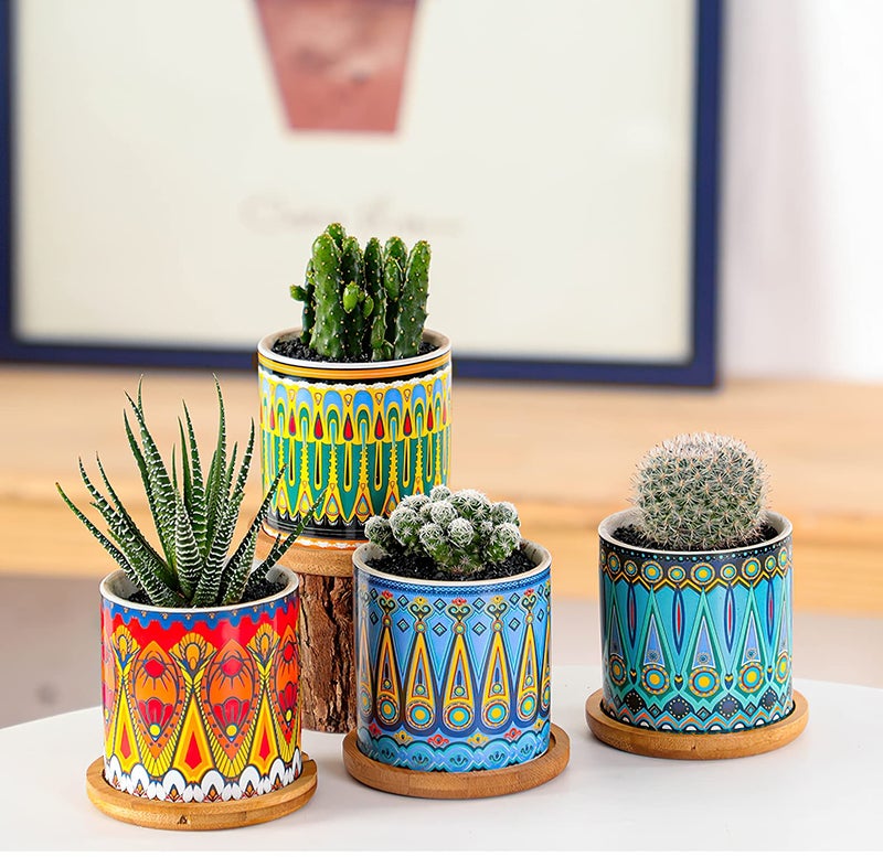 Kingrol 8 Pack Succulent Pots, Mini Ceramic Flower Planter Pot with Drainage Hole and Bamboo Tray for Cactus, Ferns, Herbs, Jade Plants - Mandala Style, Plants Not Included - Image 4