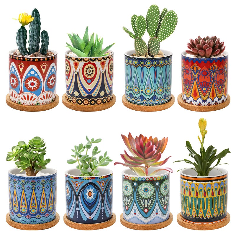 Kingrol 8 Pack Succulent Pots, Mini Ceramic Flower Planter Pot with Drainage Hole and Bamboo Tray for Cactus, Ferns, Herbs, Jade Plants - Mandala Style, Plants Not Included - Image 1