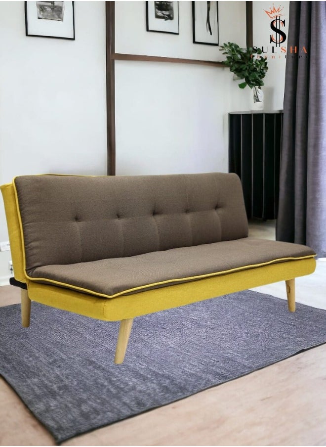 SULSHA - Sulsha New Design 3 Seater Sofa Bed Fabric  Brown & Yellow Contrast Fabric Pillow Topper Wooden Legs - Image 1
