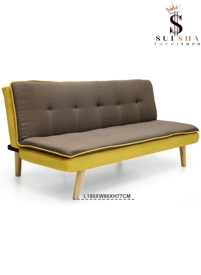 SULSHA - Sulsha New Design 3 Seater Sofa Bed Fabric  Brown & Yellow Contrast Fabric Pillow Topper Wooden Legs - Image 1