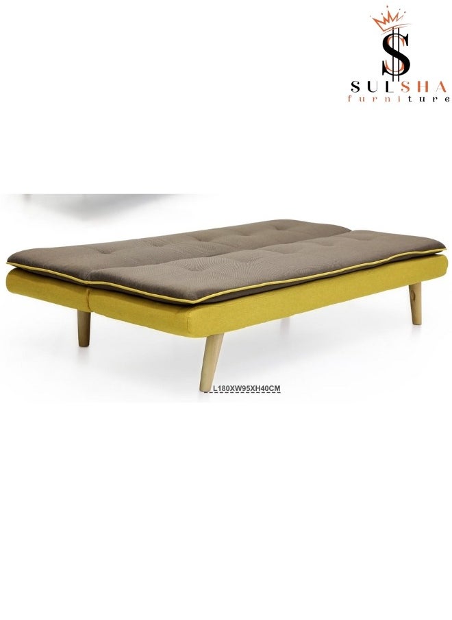 SULSHA - Sulsha New Design 3 Seater Sofa Bed Fabric  Brown & Yellow Contrast Fabric Pillow Topper Wooden Legs - Image 1