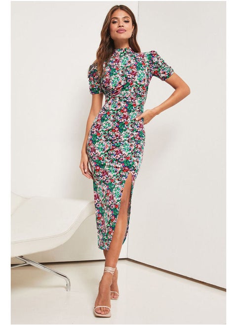 Jersey Short Sleeve Ruch Split Midi Dress