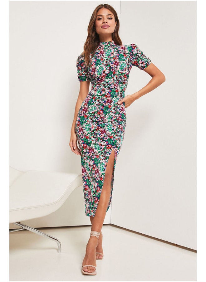 Jersey Short Sleeve Ruch Split Midi Dress