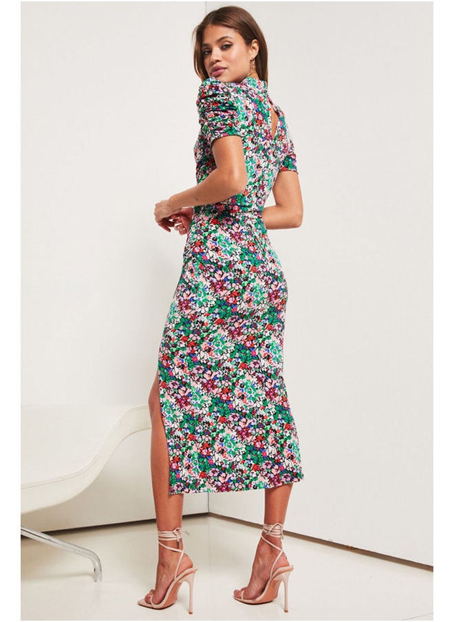 Jersey Short Sleeve Ruch Split Midi Dress