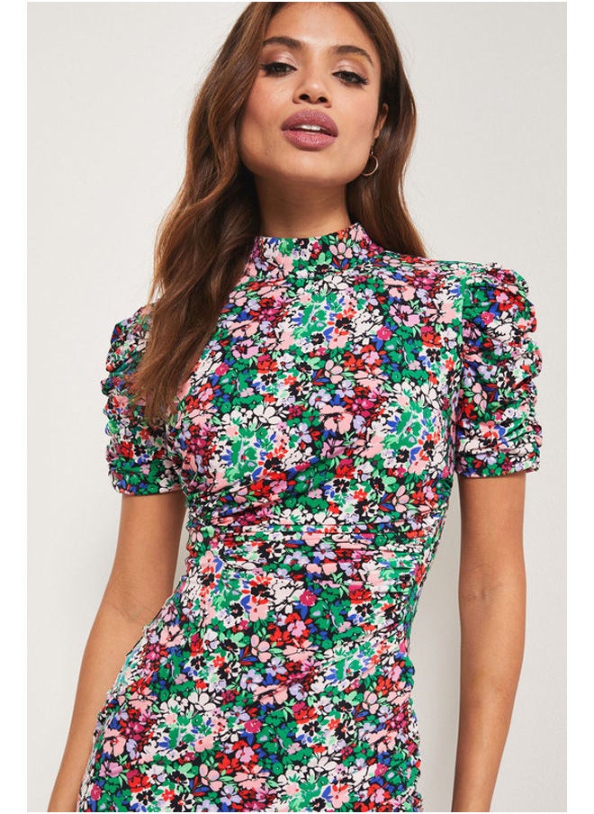 Jersey Short Sleeve Ruch Split Midi Dress