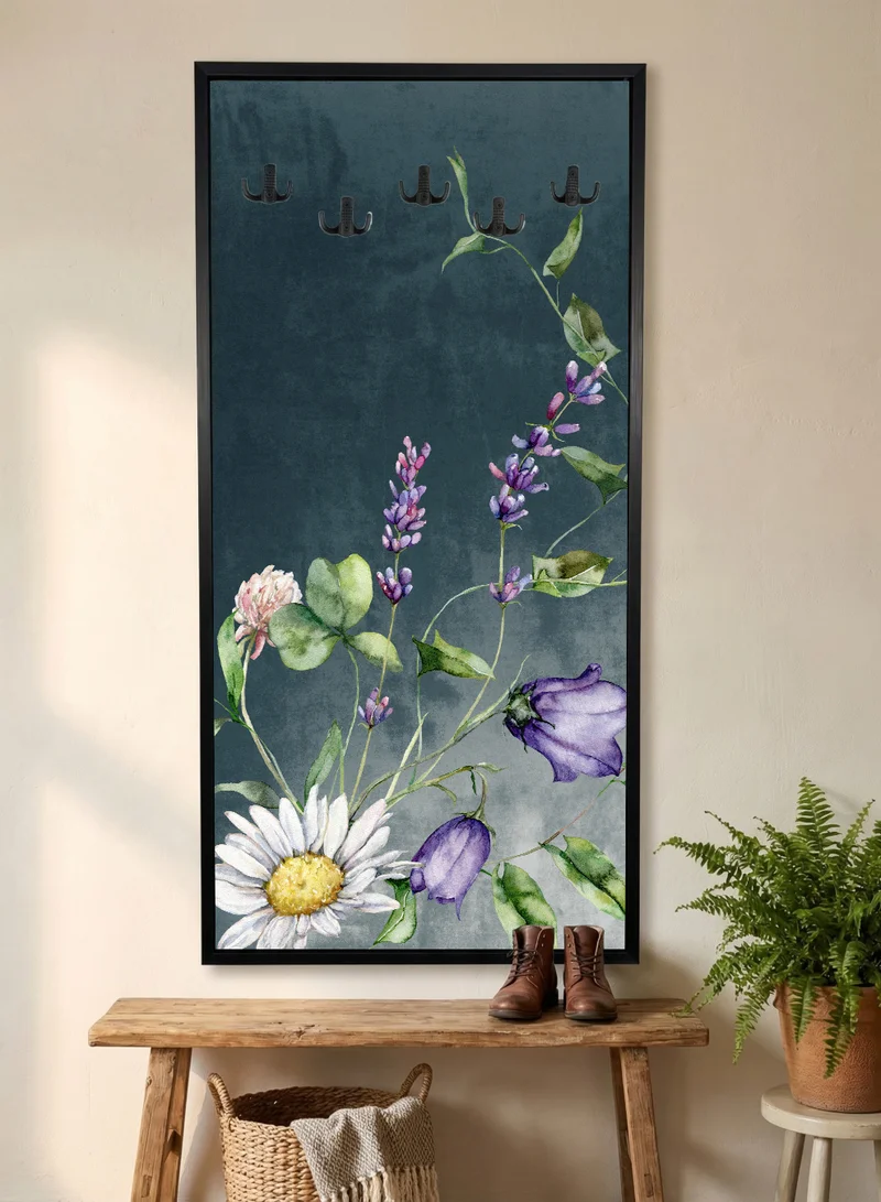 LOWHA Coat Rack Embedded in Floral Design Canvas Wall Art Stretched Over Wooden Frame with Black Floating Frame