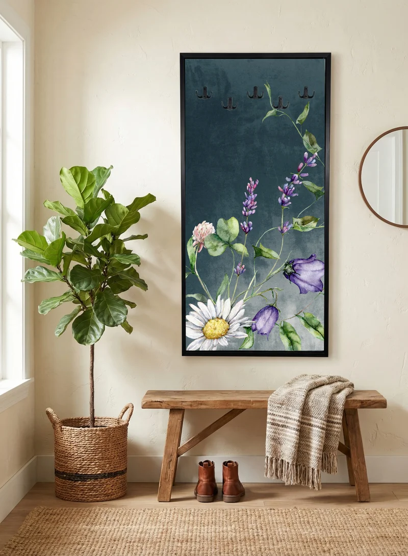 LOWHA Coat Rack Embedded in Floral Design Canvas Wall Art Stretched Over Wooden Frame with Black Floating Frame