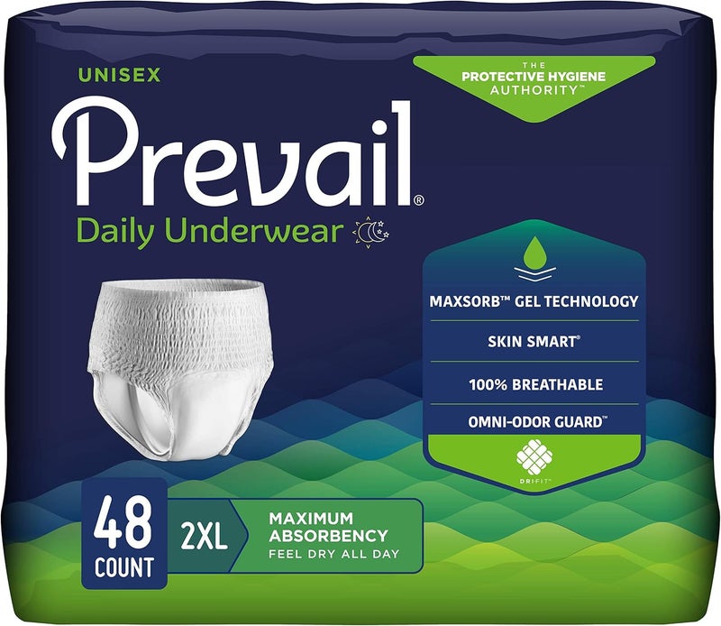 Prevail Prevail Daily Protective Underwear - Unisex Adult Incontinence Underwear - Disposable Adult Diaper for Men & Women - Maximum Absorbency - XX-Large - 12 Count (Pack of 4) 