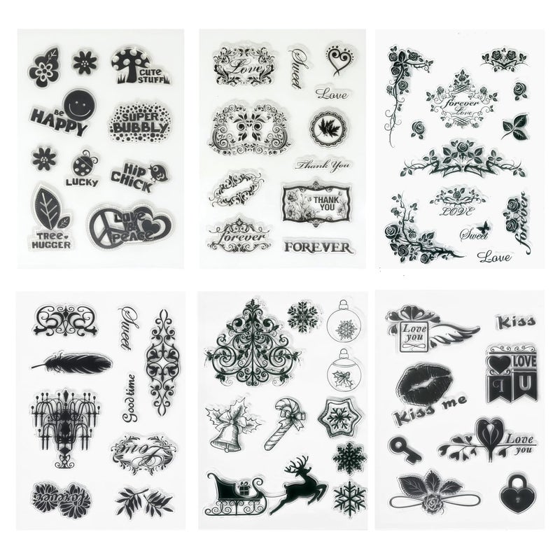 Honbay 6 Sheets of Different Themed Silicone Clear Stamps Friendly Phrases Pretty Patterns for Card Making Decoration and Scrapbooking