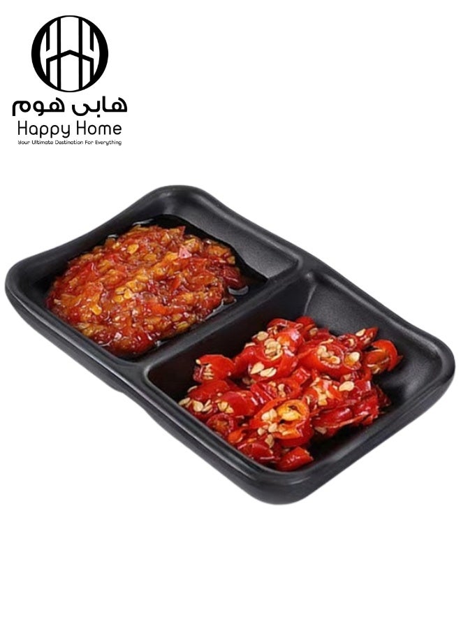 هابي هوم طبق تقديم من الميلامين مقسم الى قسمين لتقديم صلصة الصويا، اطباق صلصة الوسابي، اوعية للتغميس والبهارات، اكسسوارات المطبخ للمطاعم ومحلات الطعام على الطراز الياباني الكلاسيكي طول 10سم (أسود - ضد الكسر) - Image 1