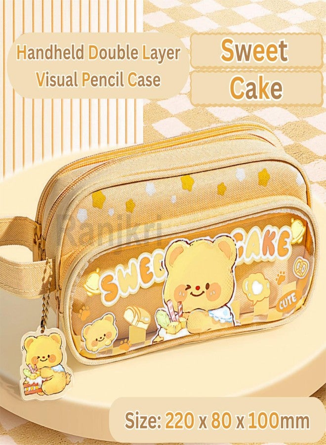 Ranjkri Canvas Large Capacity Transparent Cartoon Print Pencil Case 3 Compartment Cute Aesthetic Pencil Case for Girls Multi Stationery Pouch for School (Keychain not add) (Transparent Sweet Cake) - Image 2