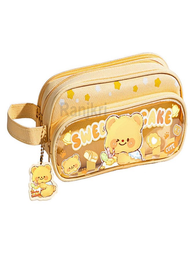 Ranjkri Canvas Large Capacity Transparent Cartoon Print Pencil Case 3 Compartment Cute Aesthetic Pencil Case for Girls Multi Stationery Pouch for School (Keychain not add) (Transparent Sweet Cake) - Image 1