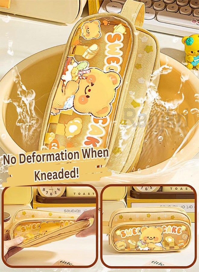 Ranjkri Canvas Large Capacity Transparent Cartoon Print Pencil Case 3 Compartment Cute Aesthetic Pencil Case for Girls Multi Stationery Pouch for School (Keychain not add) (Transparent Sweet Cake) - Image 3
