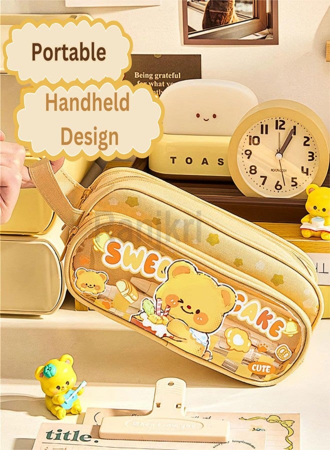 Ranjkri Canvas Large Capacity Transparent Cartoon Print Pencil Case 3 Compartment Cute Aesthetic Pencil Case for Girls Multi Stationery Pouch for School (Keychain not add) (Transparent Sweet Cake) - Image 4