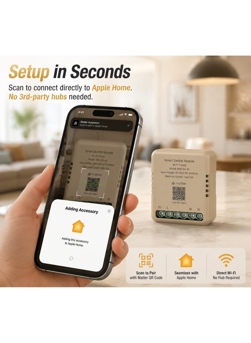 وحدة مفتاح ذكي صغيرة معتمدة من Matter، مرحل مخفي واي فاي (10 أمبير)، يعمل مباشرة مع Apple Home و Siri و Alexa و Google، لا يحتاج إلى موزع - Image 3