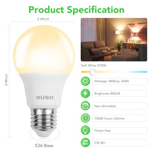 BUBO A19 LED Light Bulbs, 60 Watt Equivalent LED Bulbs, Soft White 2700K, 800 Lumens, E26 Standard Base, Non-Dimmable, 8W Soft White LED Bulbs for Bedroom Living Room Home Office, 24 Pack - Image 2
