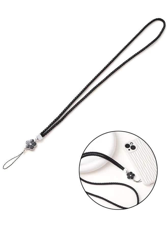 Flower Braided Leather Badge Lanyard, Long Strap Neck Lanyard Keychain Strap, ID Badge Holder (Black) - Image 1