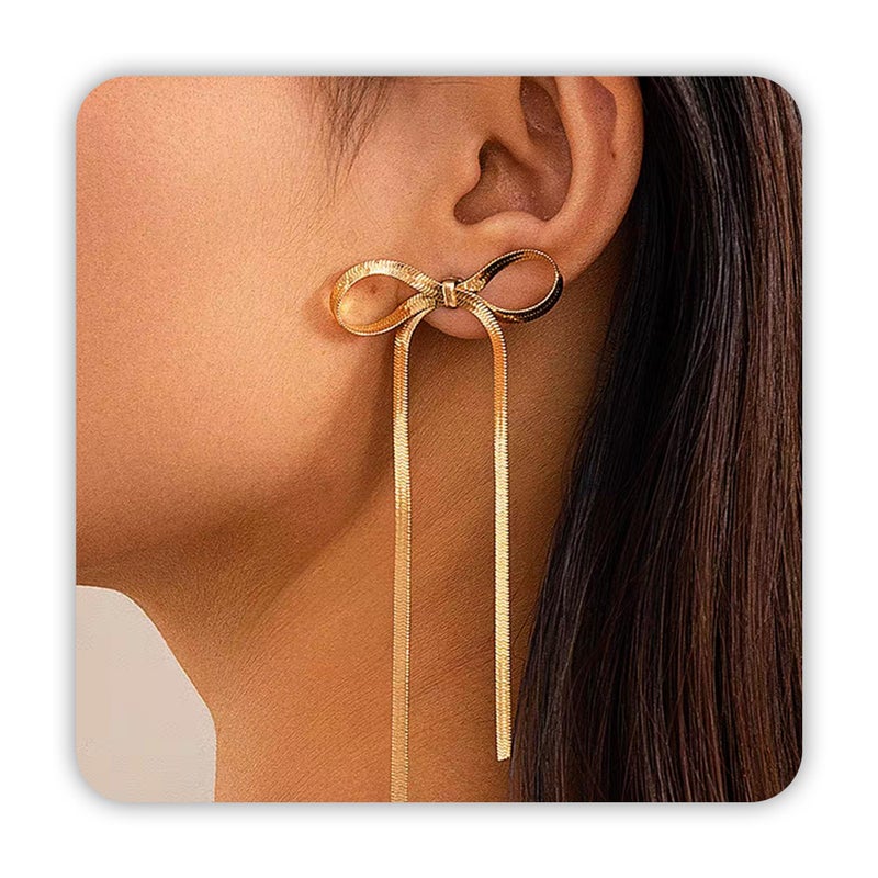 DAYANEY Bow Earrings Gold Dangle Valentines Earrings for Women, Ribbon Earring Bow Jewelry as Gold Statement Earring, Drop Tassel Long Ear Studs as Prom Wedding Trendy - Image 1